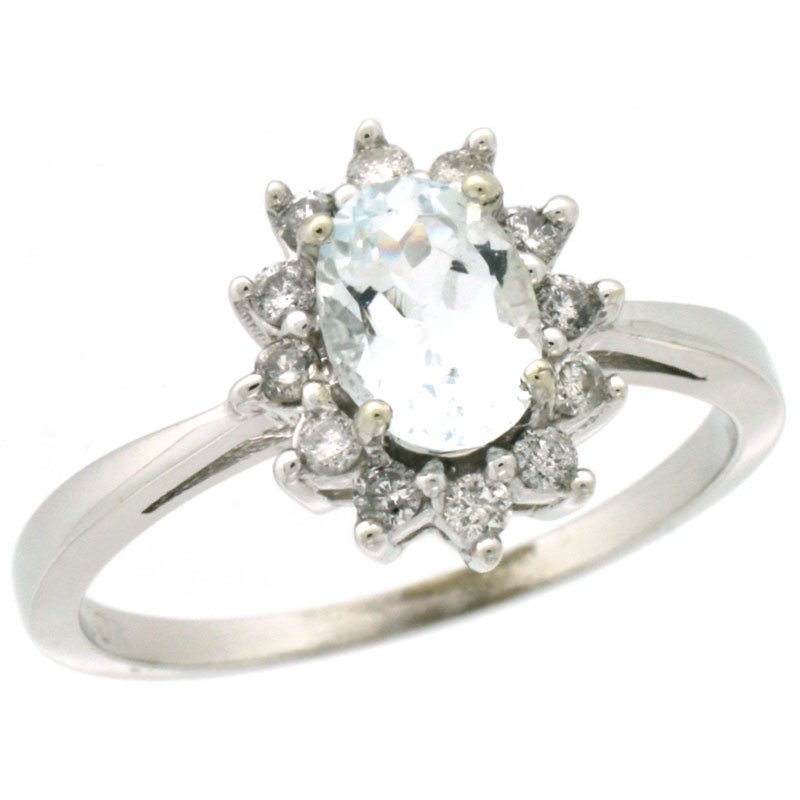 14K White Gold Natural Aquamarine Engagement Ring Oval 7x5mm Diamond Halo, sizes 5-10