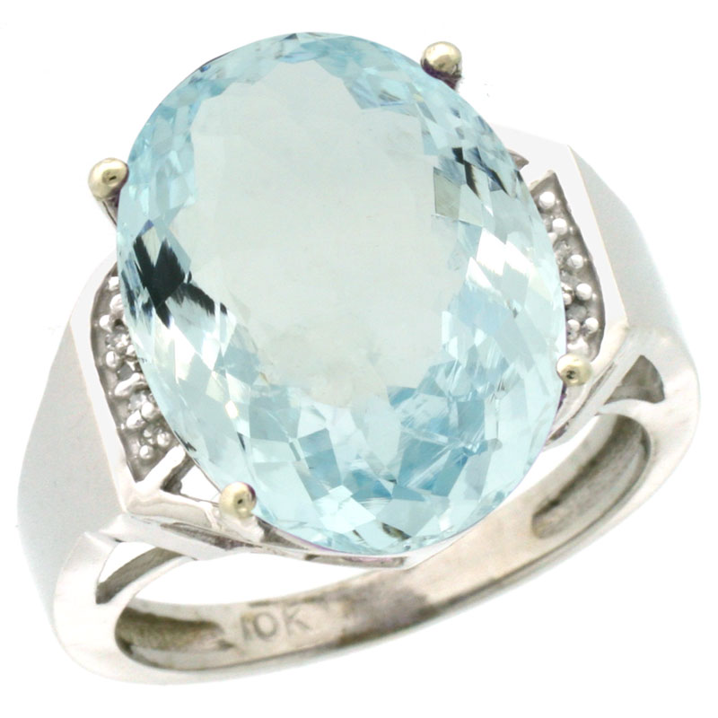 14K White Gold Diamond Natural Aquamarine Ring Oval 16x12mm, sizes 5-10