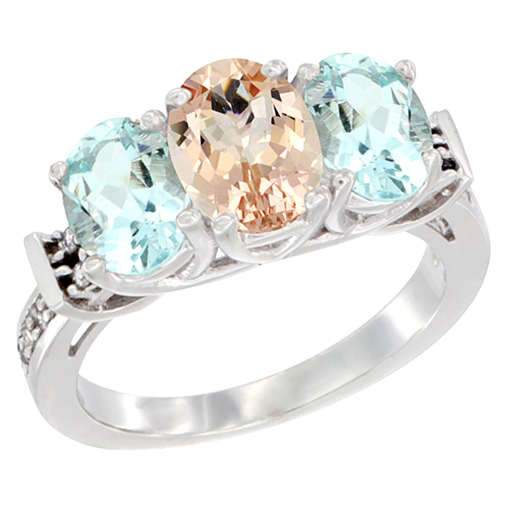 14K White Gold Natural Morganite & Aquamarine Sides Ring 3-Stone Oval Diamond Accent, sizes 5 - 10