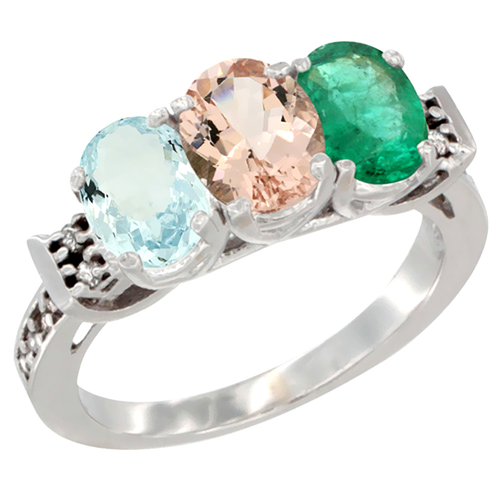 14K White Gold Natural Aquamarine, Morganite &amp; Emerald Ring 3-Stone Oval 7x5 mm Diamond Accent, sizes 5 - 10