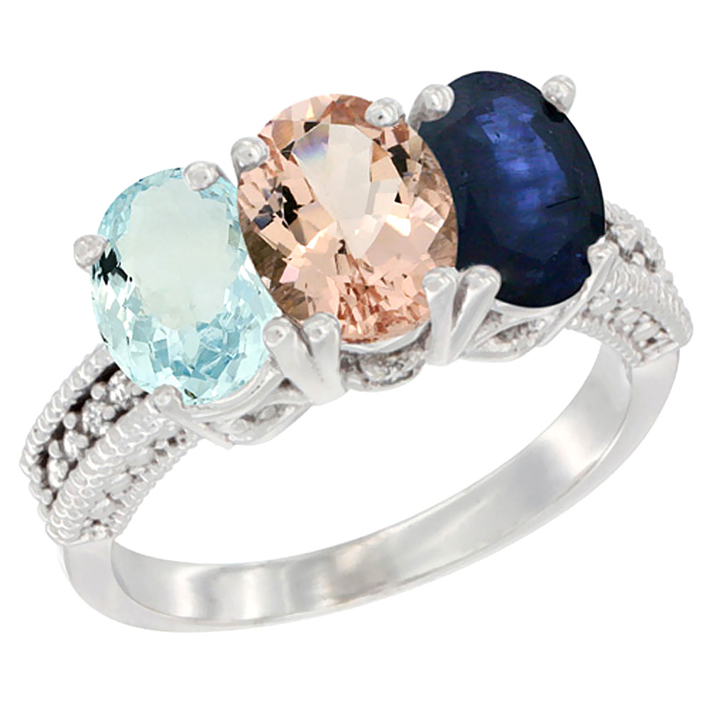 14K White Gold Natural Aquamarine, Morganite &amp; Blue Sapphire Ring 3-Stone Oval 7x5 mm Diamond Accent, sizes 5 - 10