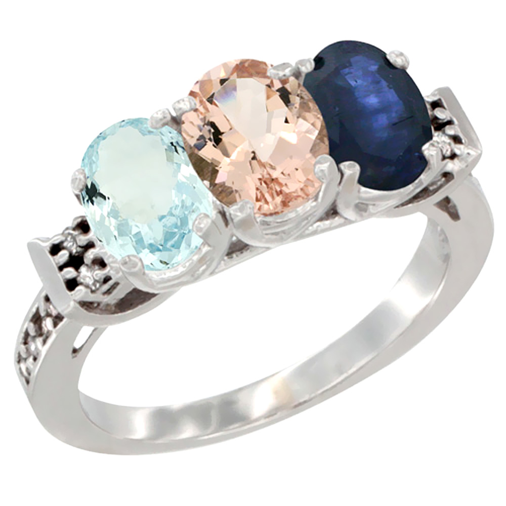 14K White Gold Natural Aquamarine, Morganite & Blue Sapphire Ring 3-Stone Oval 7x5 mm Diamond Accent, sizes 5 - 10
