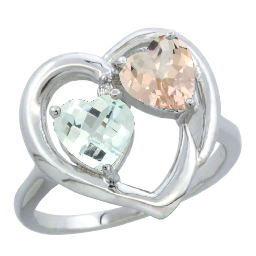 14K White Gold Diamond Two-stone Heart Ring 6mm Natural Aquamarine &amp; Morganite, sizes 5-10