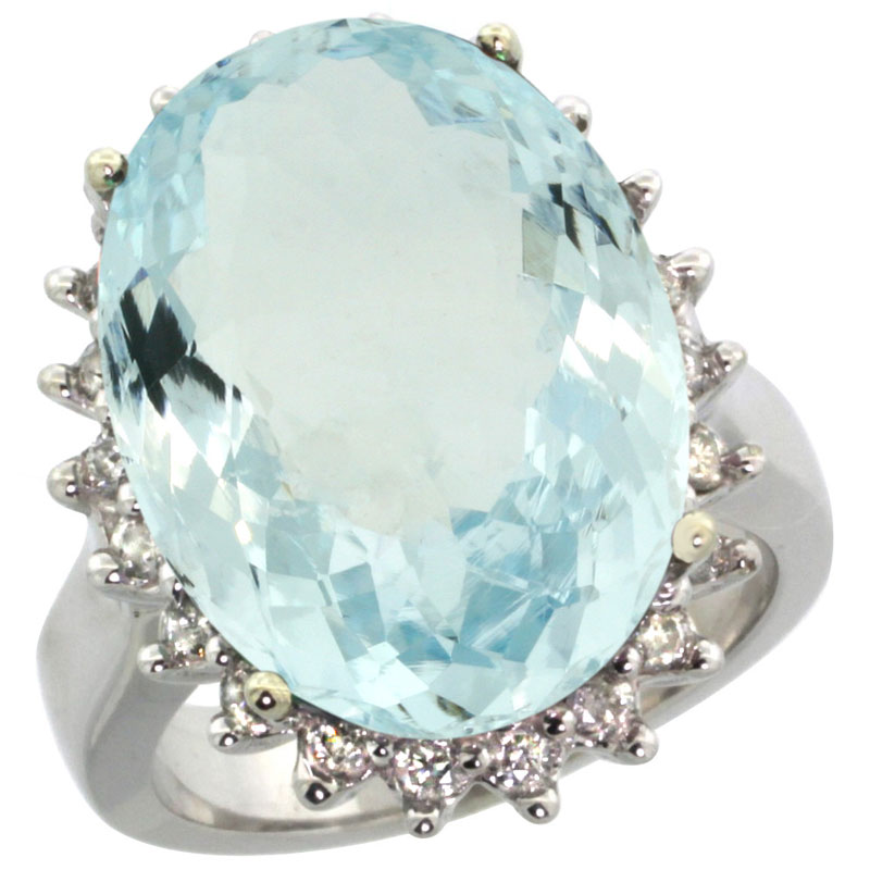 10k White Gold Diamond Halo Natural Aquamarine Ring Large Oval 18x13mm, sizes 5-10