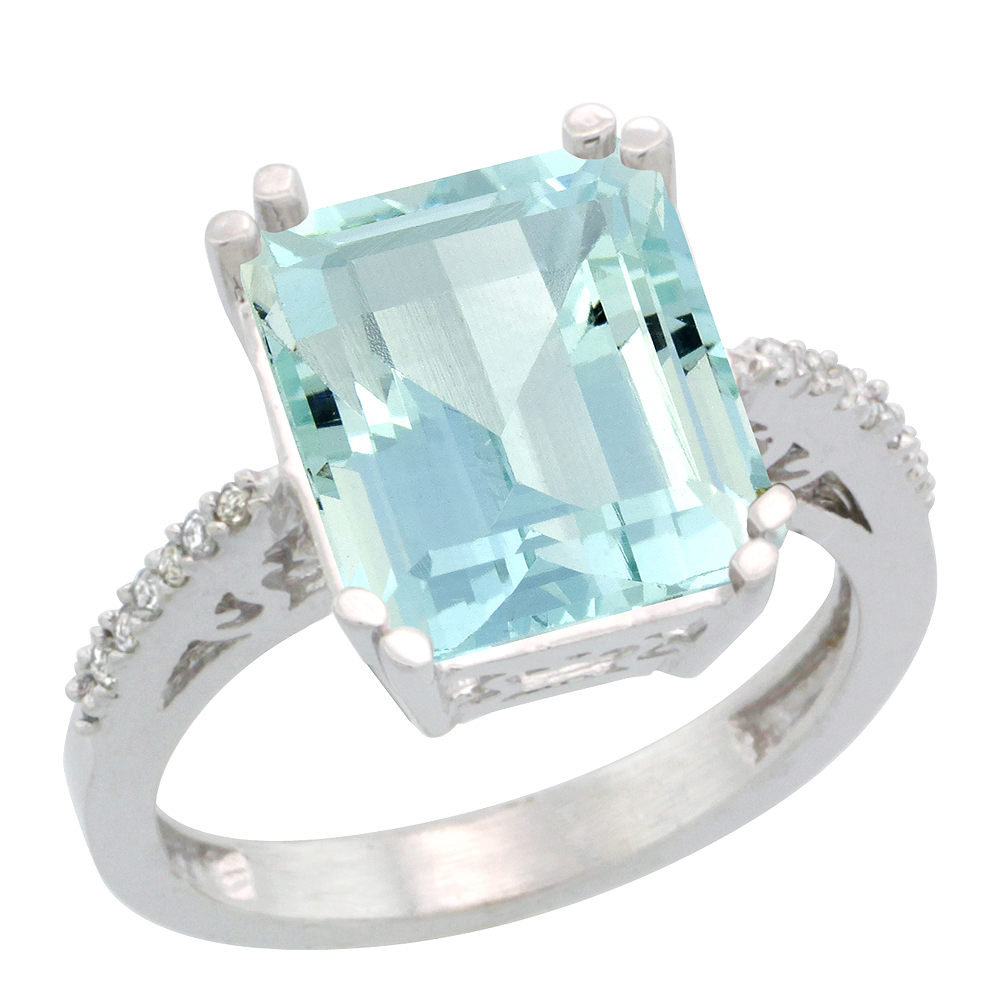 14K White Gold Diamond Natural Aquamarine Ring Emerald-cut 12x10mm, sizes 5-10