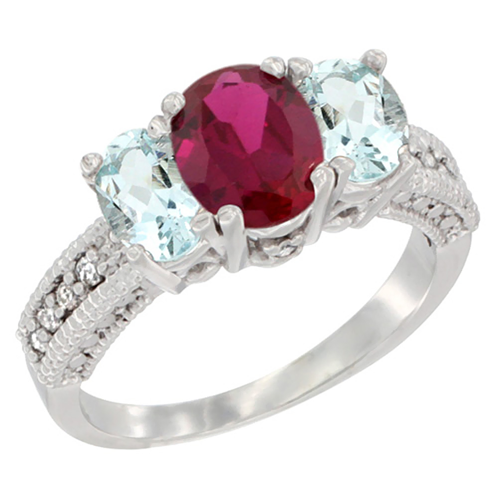 10K White Gold Diamond Enhanced Ruby Ring Oval 3-stone with Aquamarine, sizes 5 - 10