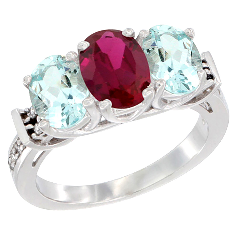 14K White Gold Natural High Quality Ruby &amp; Aquamarine Sides Ring 3-Stone Oval Diamond Accent, sizes 5 - 10