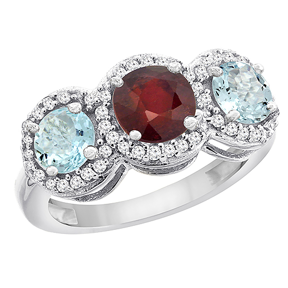 14K White Gold Enhanced Ruby & Aquamarine Sides Round 3-stone Ring Diamond Accents, sizes 5 - 10
