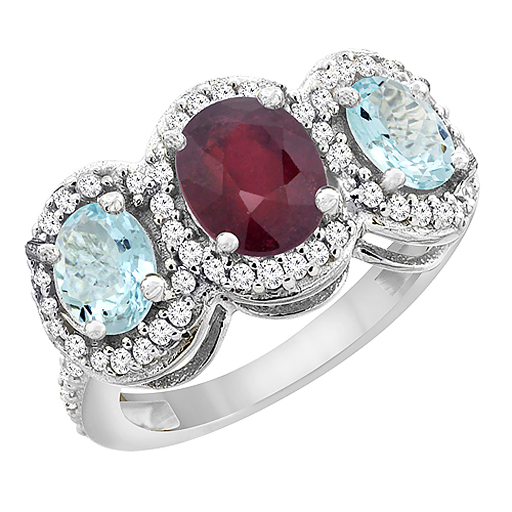 14K White Gold Natural Quality Ruby & Aquamarine 3-stone Mothers Ring Oval Diamond Accent, size 5 - 10