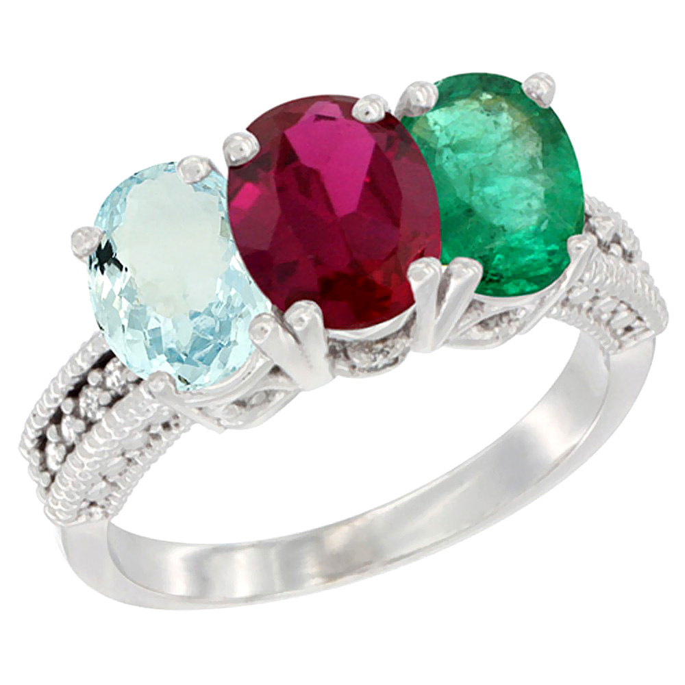 14K White Gold Natural Aquamarine, Enhanced Ruby &amp; Natural Emerald Ring 3-Stone Oval 7x5 mm Diamond Accent, sizes 5 - 10