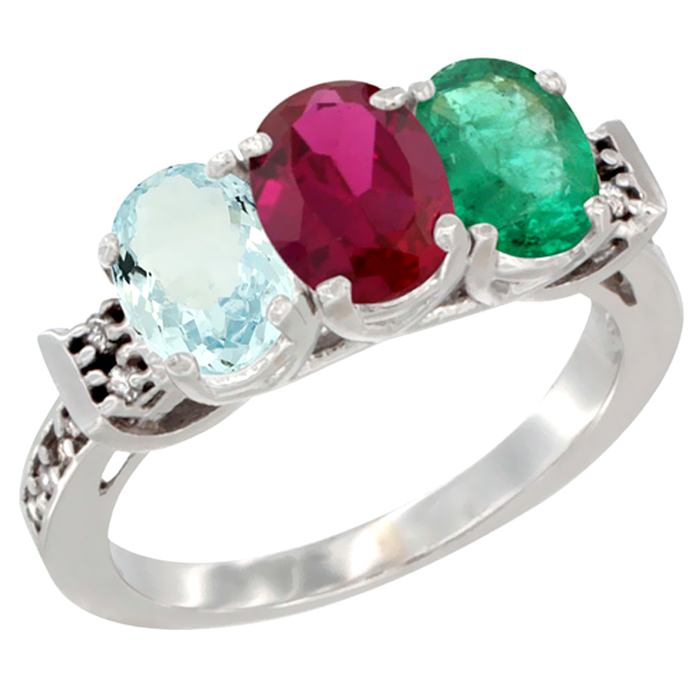10K White Gold Natural Aquamarine, Enhanced Ruby &amp; Natural Emerald Ring 3-Stone Oval 7x5 mm Diamond Accent, sizes 5 - 10