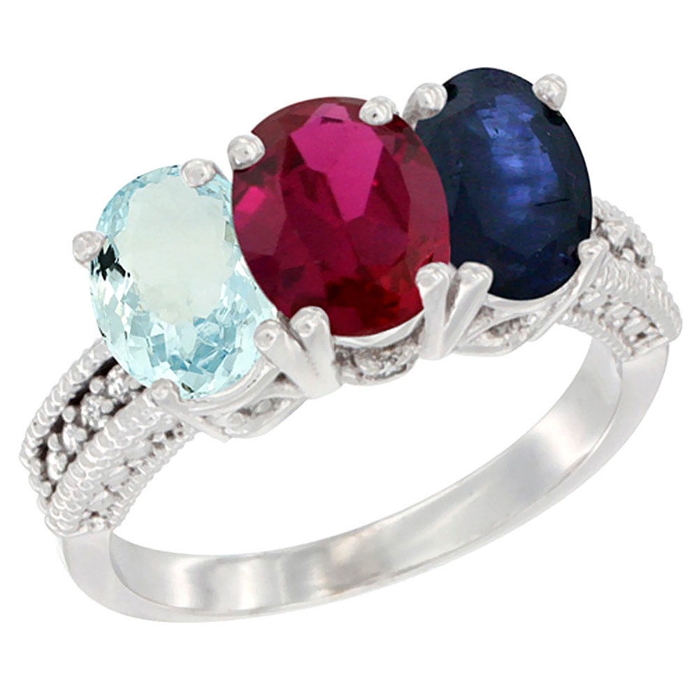 14K White Gold Natural Aquamarine, Enhanced Ruby & Natural Blue Sapphire Ring 3-Stone Oval 7x5 mm Diamond Accent, sizes 5 - 10