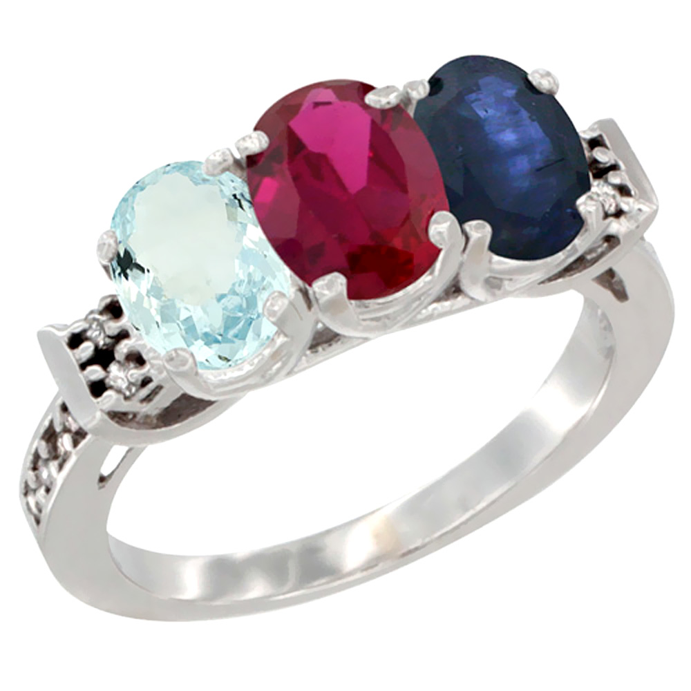 14K White Gold Natural Aquamarine, Enhanced Ruby &amp; Natural Blue Sapphire Ring 3-Stone Oval 7x5 mm Diamond Accent, sizes 5 - 10