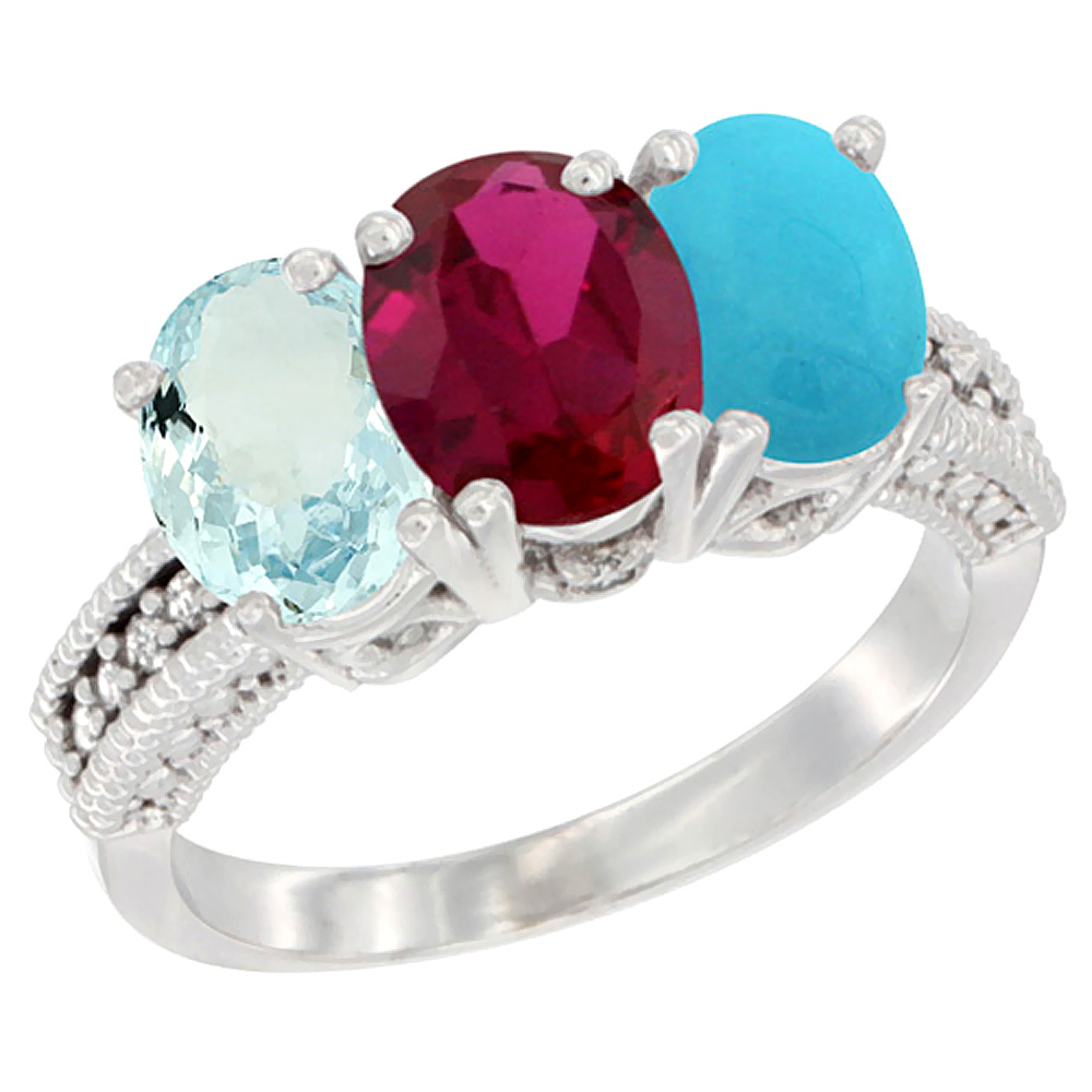14K White Gold Natural Aquamarine, Enhanced Ruby &amp; Natural Turquoise Ring 3-Stone Oval 7x5 mm Diamond Accent, sizes 5 - 10