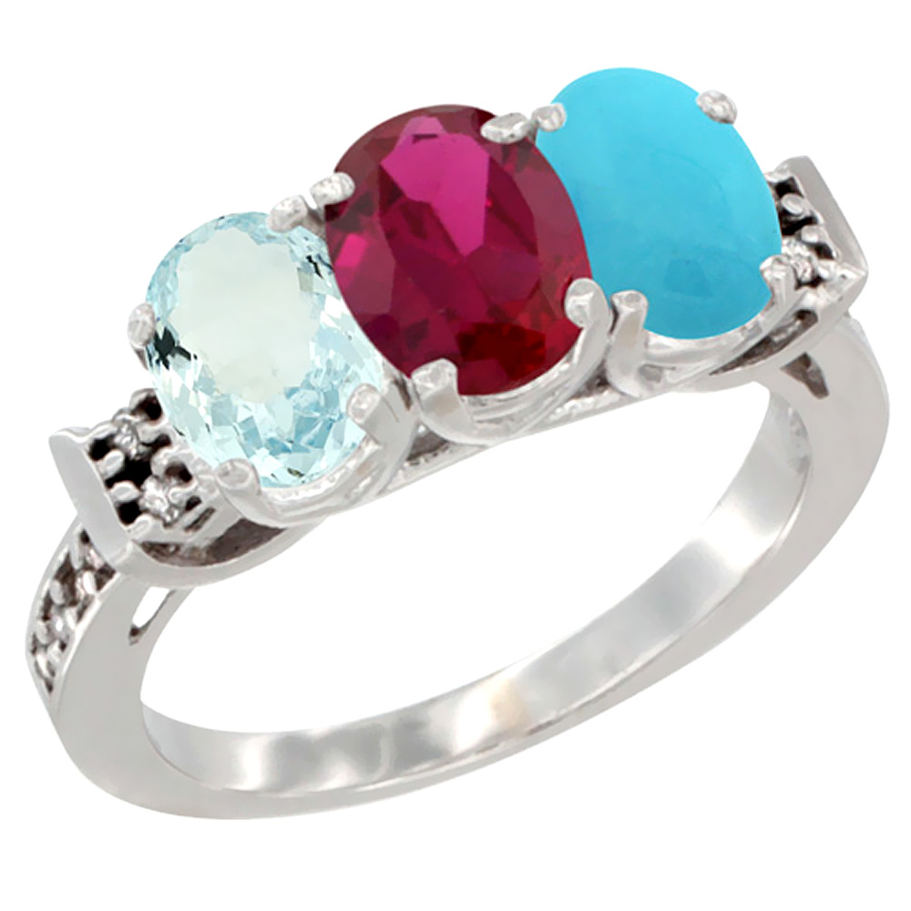 14K White Gold Natural Aquamarine, Enhanced Ruby & Natural Turquoise Ring 3-Stone Oval 7x5 mm Diamond Accent, sizes 5 - 10