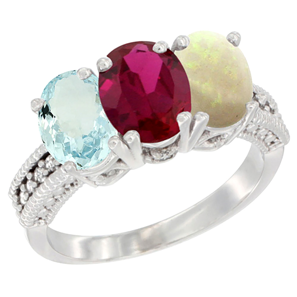 10K White Gold Natural Aquamarine, Enhanced Ruby & Natural Opal Ring 3-Stone Oval 7x5 mm Diamond Accent, sizes 5 - 10