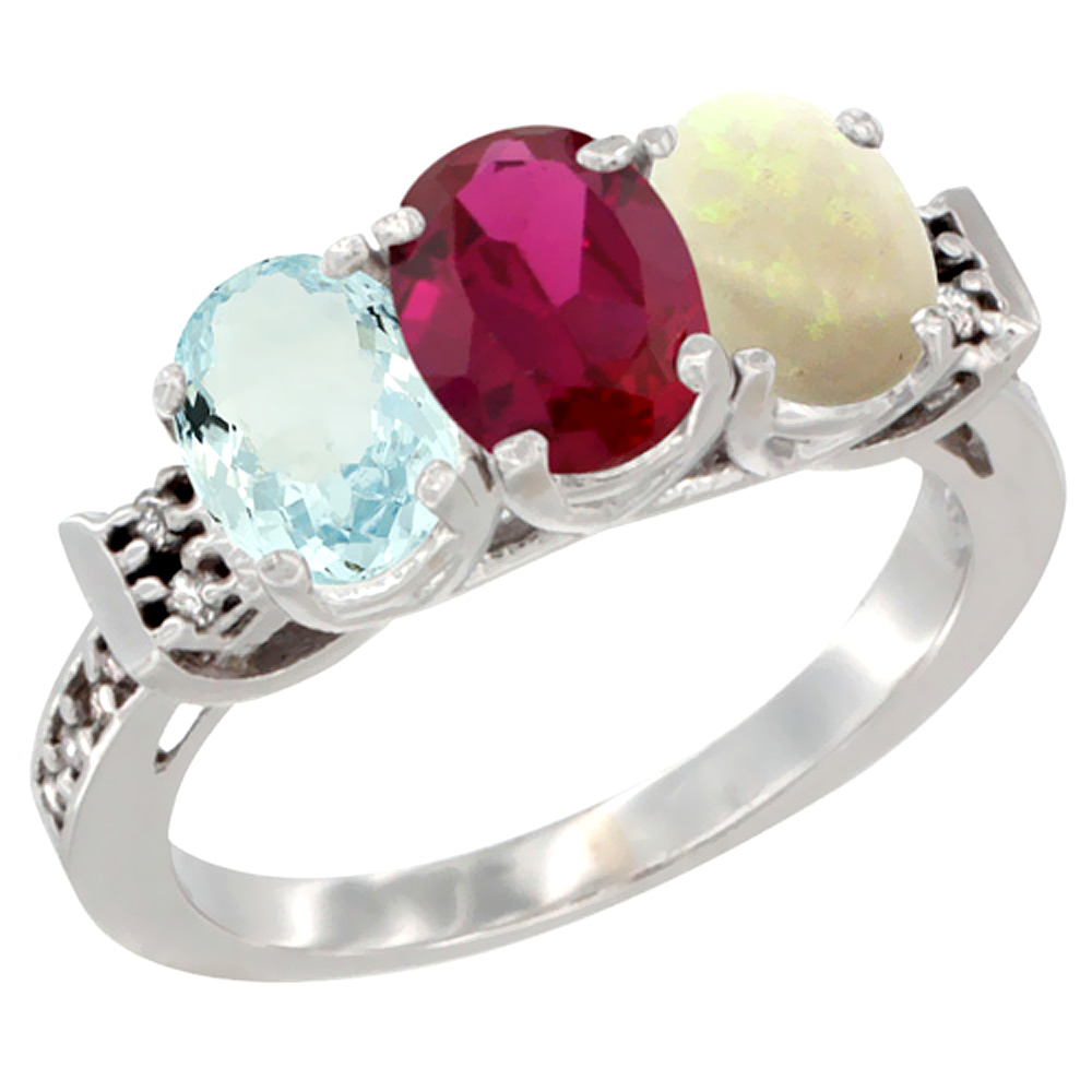 10K White Gold Natural Aquamarine, Enhanced Ruby & Natural Opal Ring 3-Stone Oval 7x5 mm Diamond Accent, sizes 5 - 10