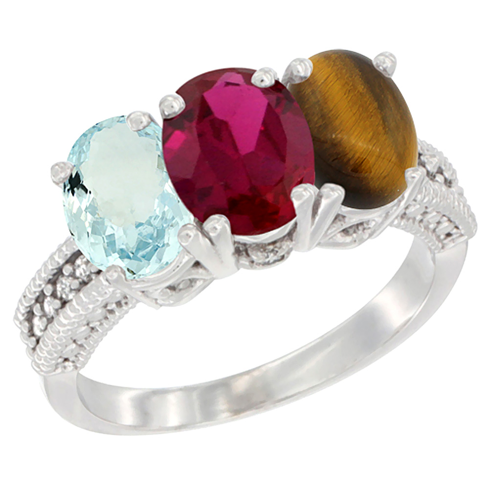 14K White Gold Natural Aquamarine, Enhanced Ruby & Natural Tiger Eye Ring 3-Stone Oval 7x5 mm Diamond Accent, sizes 5 - 10