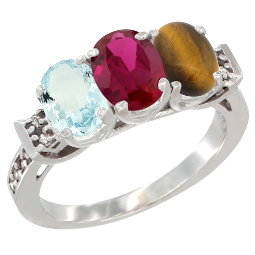 10K White Gold Natural Aquamarine, Enhanced Ruby & Natural Tiger Eye Ring 3-Stone Oval 7x5 mm Diamond Accent, sizes 5 - 10