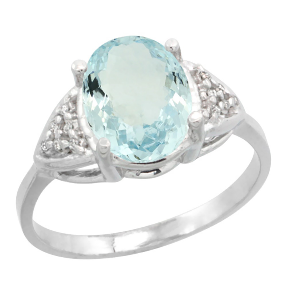 14k White Gold Diamond Natural Aquamarine Engagement Ring Oval 10x8mm, sizes 5-10