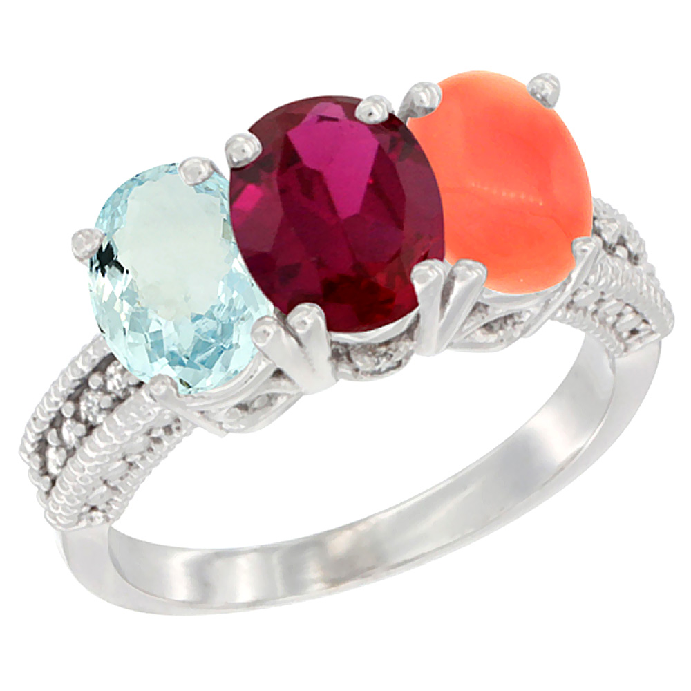 14K White Gold Natural Aquamarine, Enhanced Ruby &amp; Natural Coral Ring 3-Stone Oval 7x5 mm Diamond Accent, sizes 5 - 10