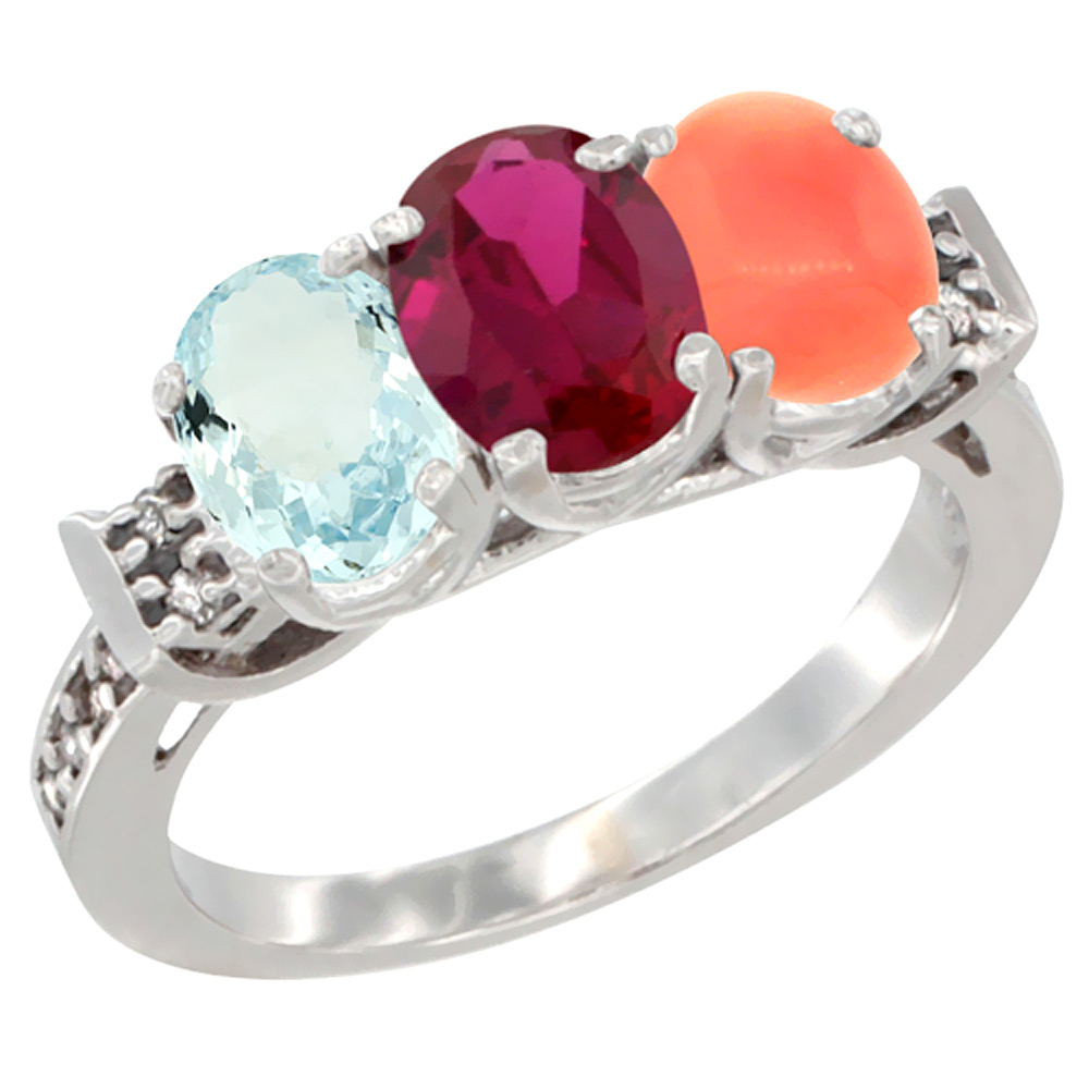10K White Gold Natural Aquamarine, Enhanced Ruby &amp; Natural Coral Ring 3-Stone Oval 7x5 mm Diamond Accent, sizes 5 - 10