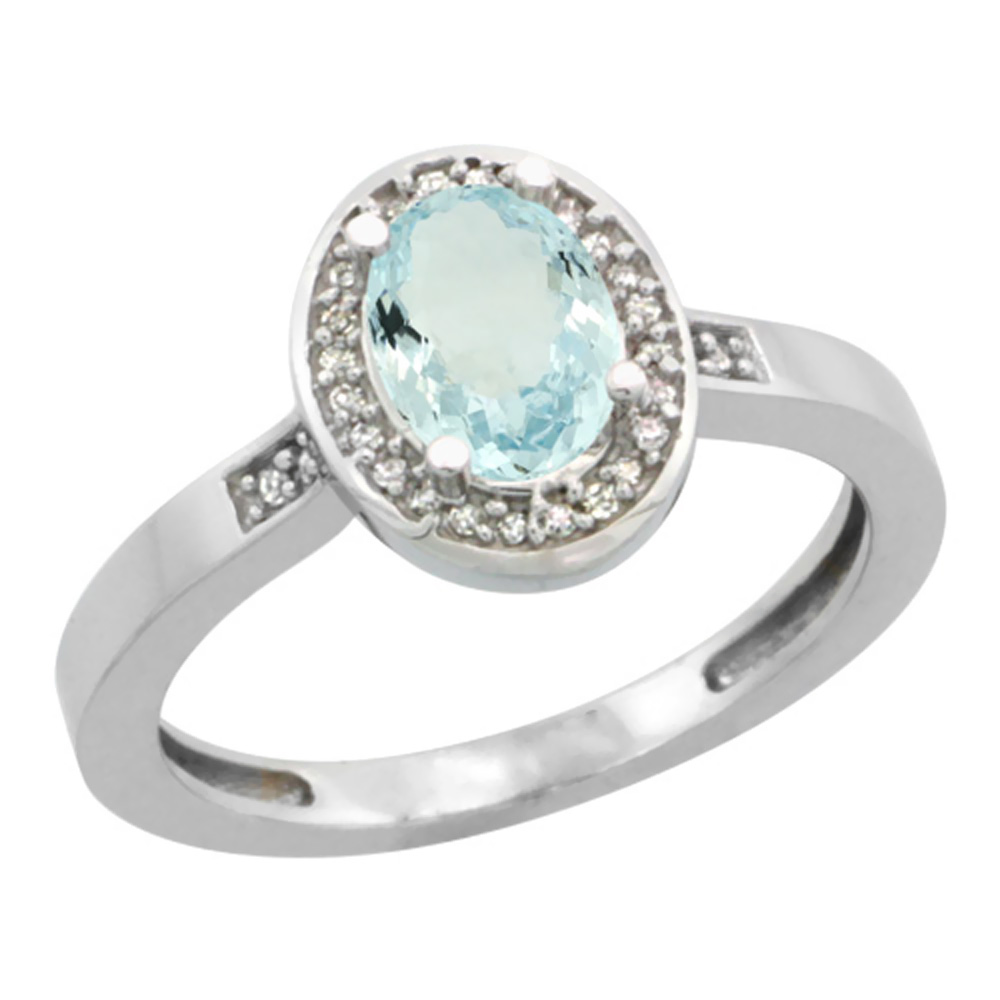 14K White Gold Diamond Natural Aquamarine Engagement Ring Oval 7x5mm, sizes 5-10