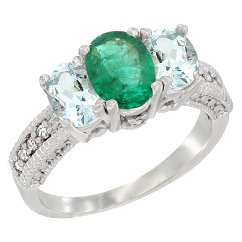 14K White Gold Diamond Natural Quality Emerald 7x5mm &amp; 6x4mm Aquamarine Oval 3-stone Mothers Ring,sz5-10