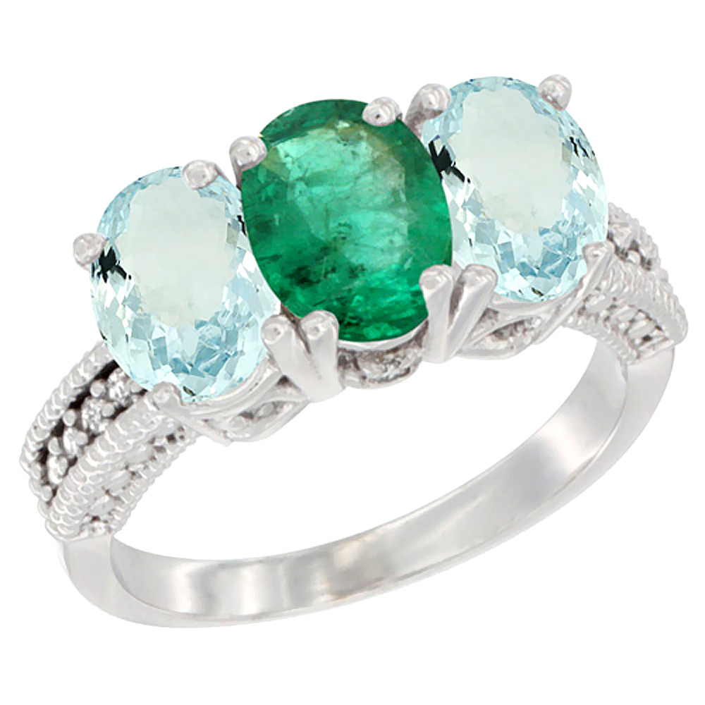 10K White Gold Natural Emerald &amp; Aquamarine Sides Ring 3-Stone Oval 7x5 mm Diamond Accent, sizes 5 - 10