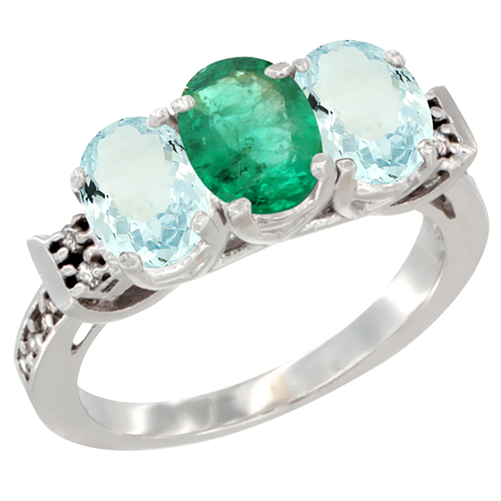14K White Gold Natural Emerald &amp; Aquamarine Sides Ring 3-Stone Oval 7x5 mm Diamond Accent, sizes 5 - 10