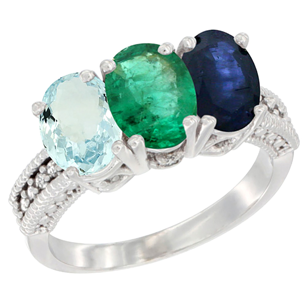 14K White Gold Natural Aquamarine, Emerald &amp; Blue Sapphire Ring 3-Stone Oval 7x5 mm Diamond Accent, sizes 5 - 10