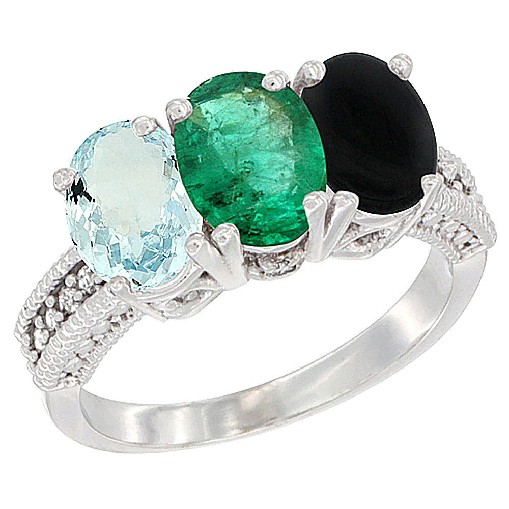 10K White Gold Natural Aquamarine, Emerald &amp; Black Onyx Ring 3-Stone Oval 7x5 mm Diamond Accent, sizes 5 - 10