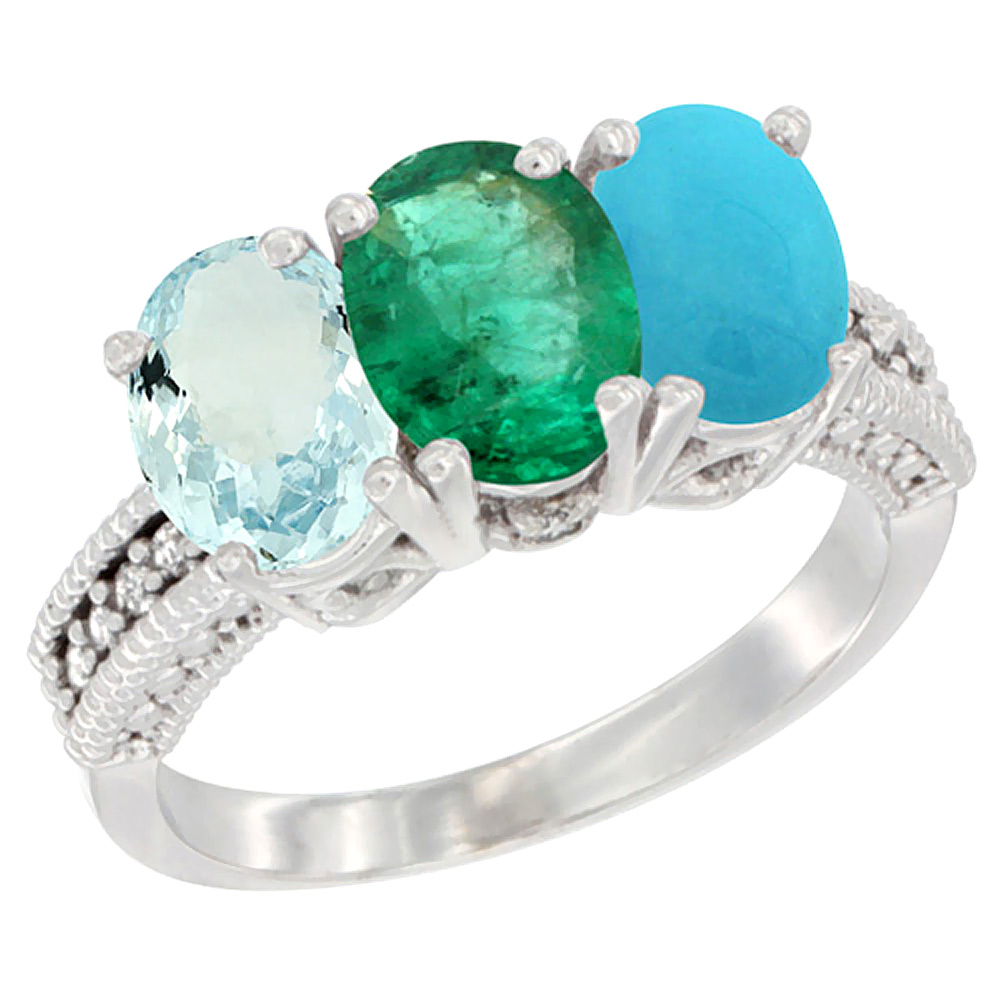10K White Gold Natural Aquamarine, Emerald & Turquoise Ring 3-Stone Oval 7x5 mm Diamond Accent, sizes 5 - 10