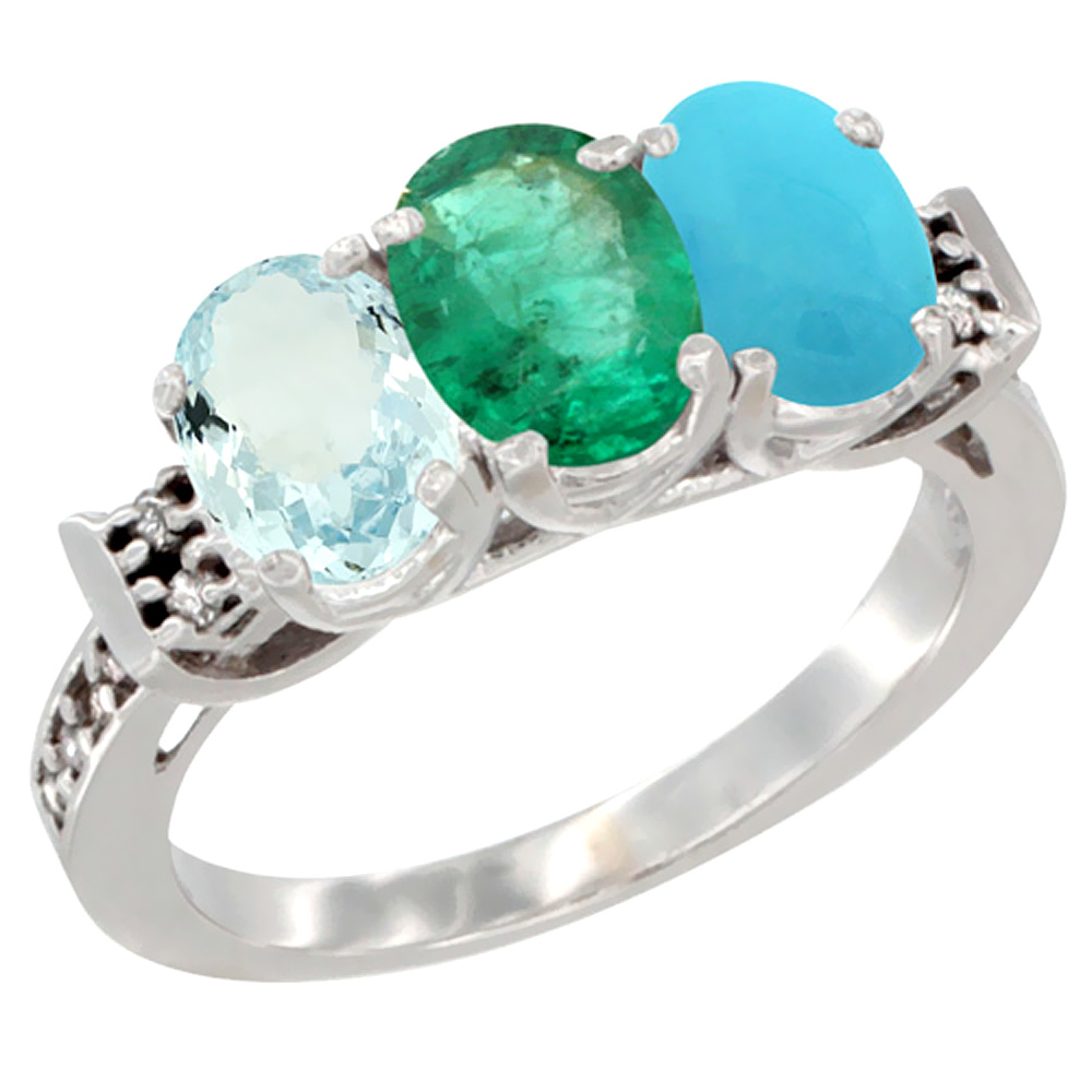 10K White Gold Natural Aquamarine, Emerald &amp; Turquoise Ring 3-Stone Oval 7x5 mm Diamond Accent, sizes 5 - 10