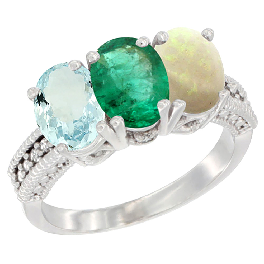 14K White Gold Natural Aquamarine, Emerald & Opal Ring 3-Stone Oval 7x5 mm Diamond Accent, sizes 5 - 10