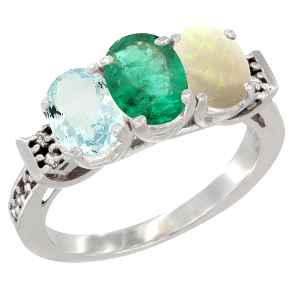 14K White Gold Natural Aquamarine, Emerald &amp; Opal Ring 3-Stone Oval 7x5 mm Diamond Accent, sizes 5 - 10