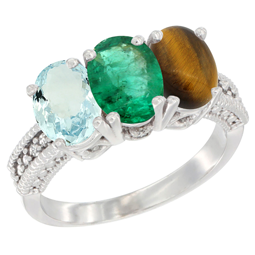 14K White Gold Natural Aquamarine, Emerald &amp; Tiger Eye Ring 3-Stone Oval 7x5 mm Diamond Accent, sizes 5 - 10