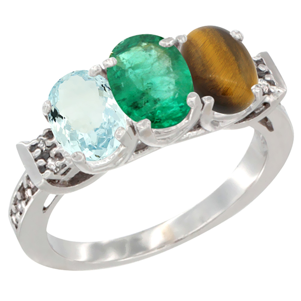 10K White Gold Natural Aquamarine, Emerald &amp; Tiger Eye Ring 3-Stone Oval 7x5 mm Diamond Accent, sizes 5 - 10