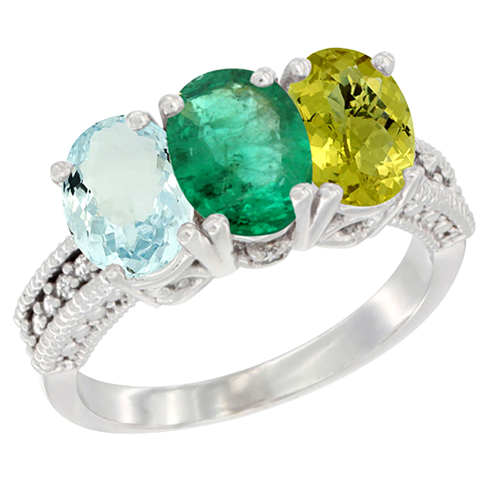 10K White Gold Natural Aquamarine, Emerald &amp; Lemon Quartz Ring 3-Stone Oval 7x5 mm Diamond Accent, sizes 5 - 10