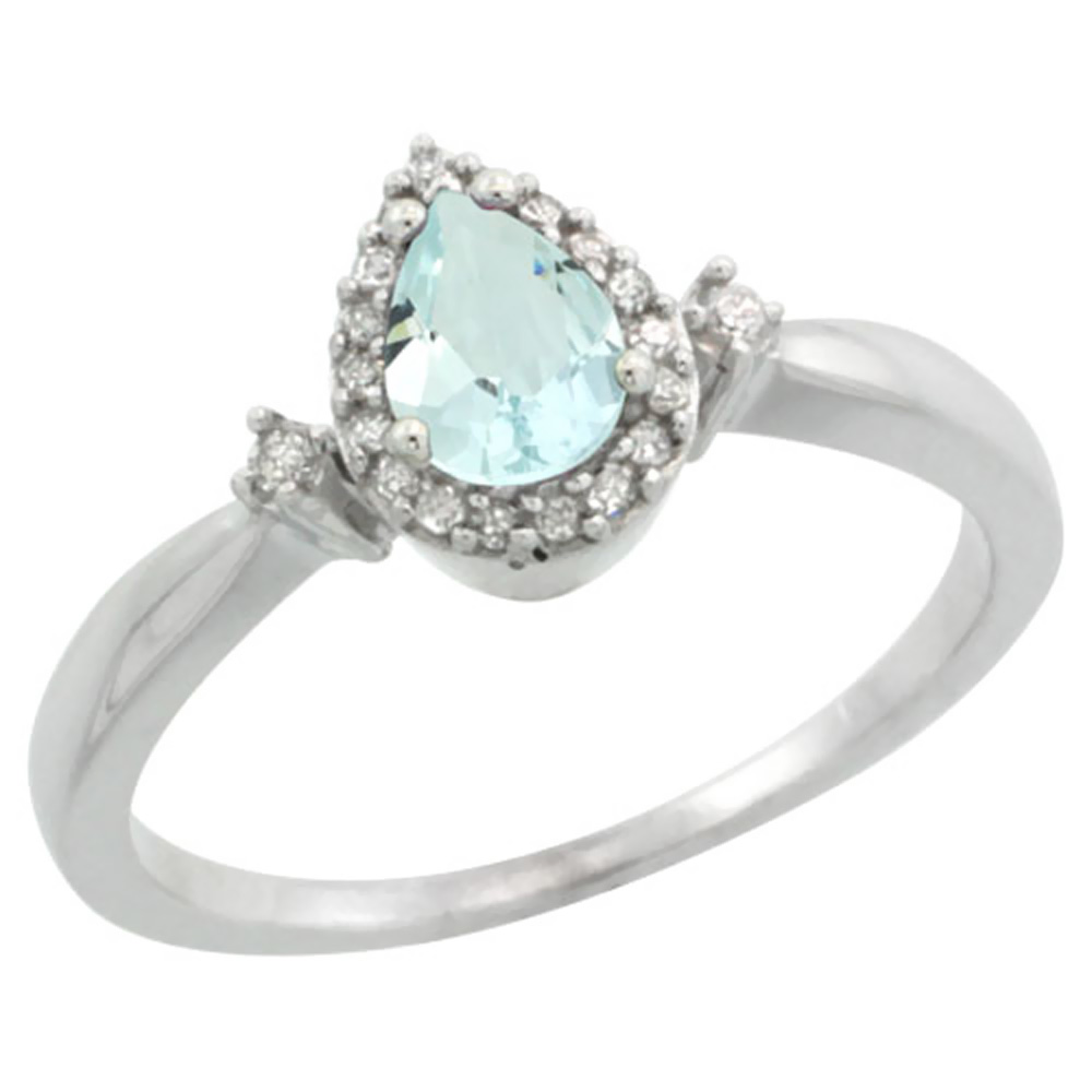 Sterling Silver Diamond Natural Aquamarine Ring Pear 6x4 mm, sizes 5-10