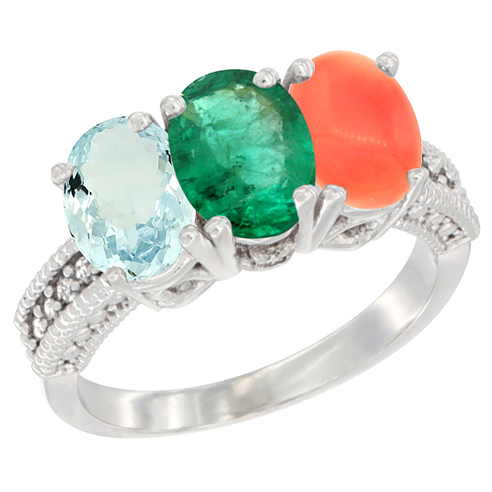 14K White Gold Natural Aquamarine, Emerald & Coral Ring 3-Stone Oval 7x5 mm Diamond Accent, sizes 5 - 10