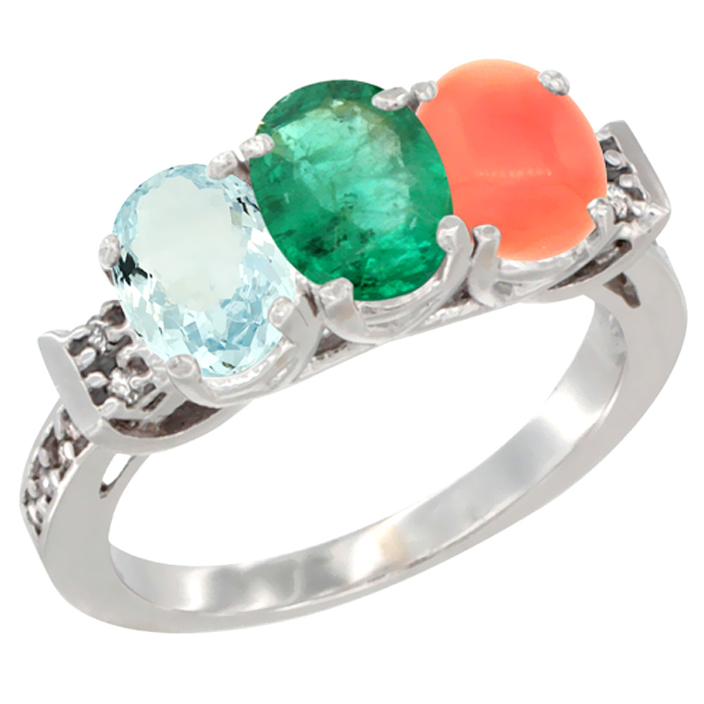 14K White Gold Natural Aquamarine, Emerald &amp; Coral Ring 3-Stone Oval 7x5 mm Diamond Accent, sizes 5 - 10