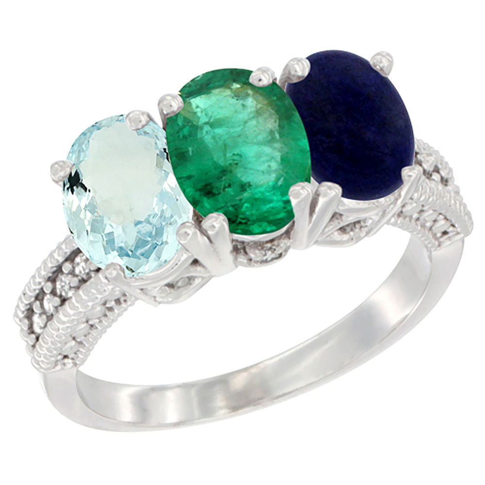 10K White Gold Natural Aquamarine, Emerald &amp; Lapis Ring 3-Stone Oval 7x5 mm Diamond Accent, sizes 5 - 10