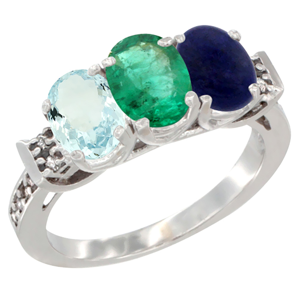14K White Gold Natural Aquamarine, Emerald &amp; Lapis Ring 3-Stone Oval 7x5 mm Diamond Accent, sizes 5 - 10