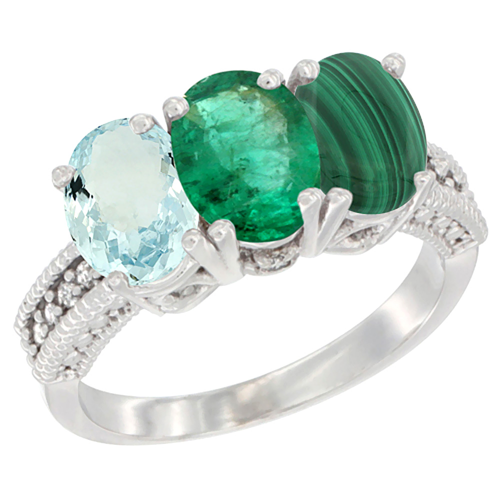 14K White Gold Natural Aquamarine, Emerald &amp; Malachite Ring 3-Stone Oval 7x5 mm Diamond Accent, sizes 5 - 10