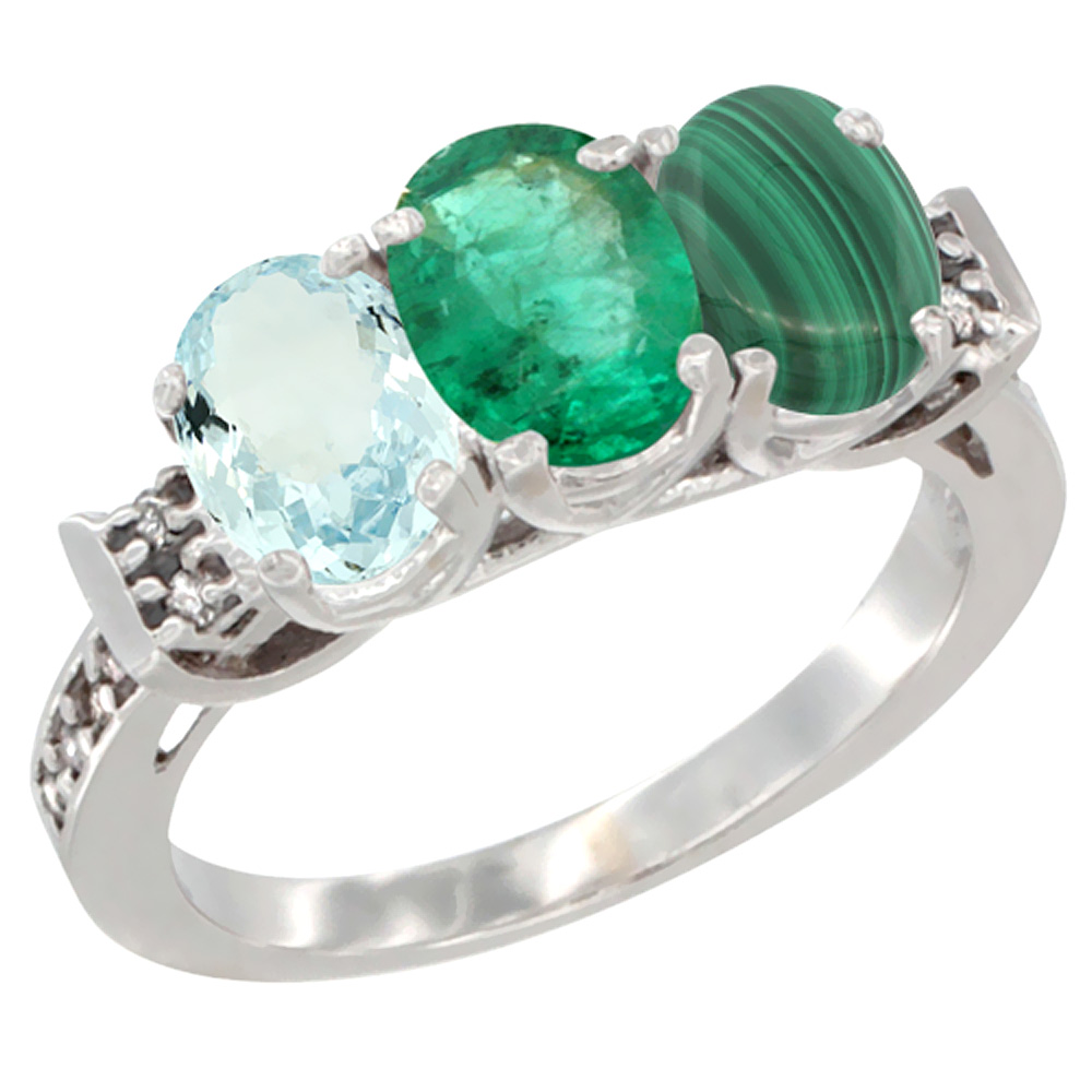 14K White Gold Natural Aquamarine, Emerald &amp; Malachite Ring 3-Stone Oval 7x5 mm Diamond Accent, sizes 5 - 10