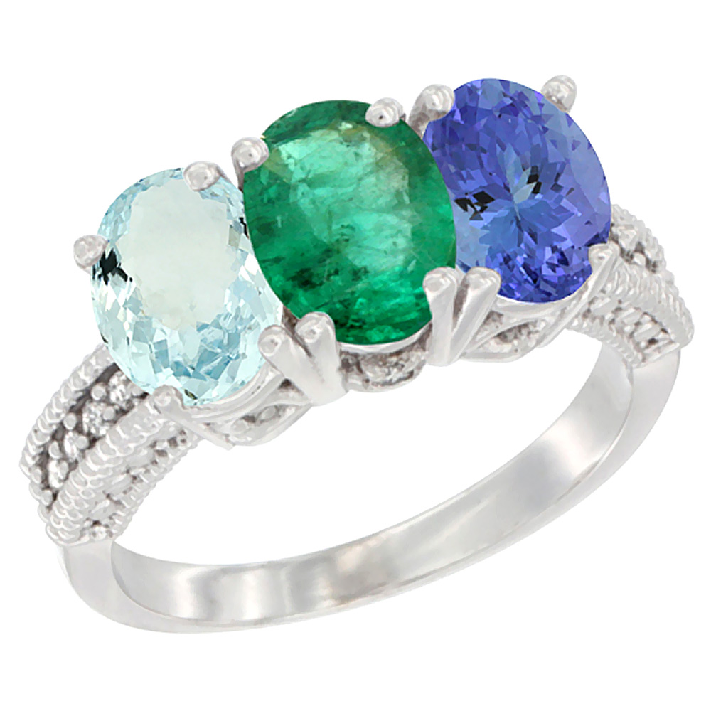 14K White Gold Natural Aquamarine, Emerald & Tanzanite Ring 3-Stone Oval 7x5 mm Diamond Accent, sizes 5 - 10