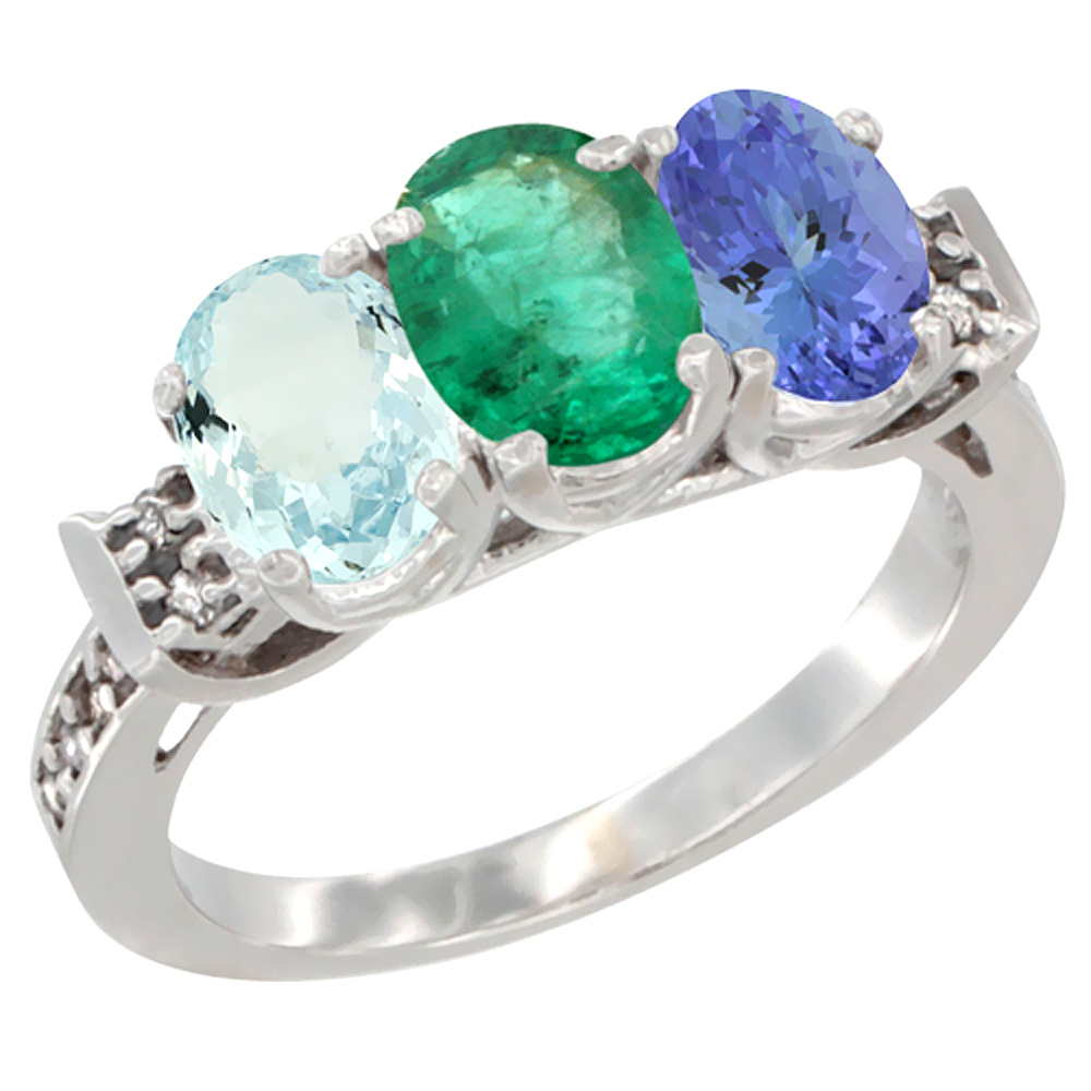 14K White Gold Natural Aquamarine, Emerald &amp; Tanzanite Ring 3-Stone Oval 7x5 mm Diamond Accent, sizes 5 - 10