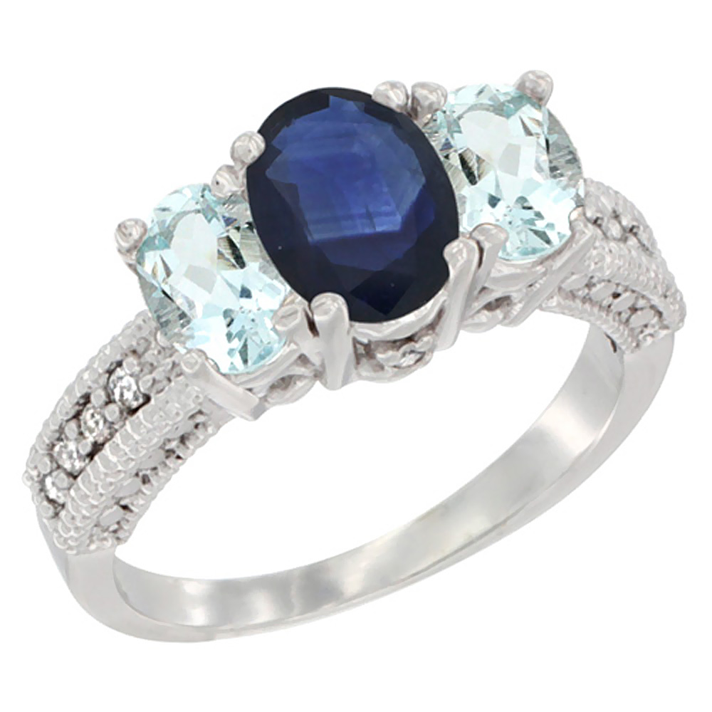 14K White Gold Diamond Natural Blue Sapphire Ring Oval 3-stone with Aquamarine, sizes 5 - 10