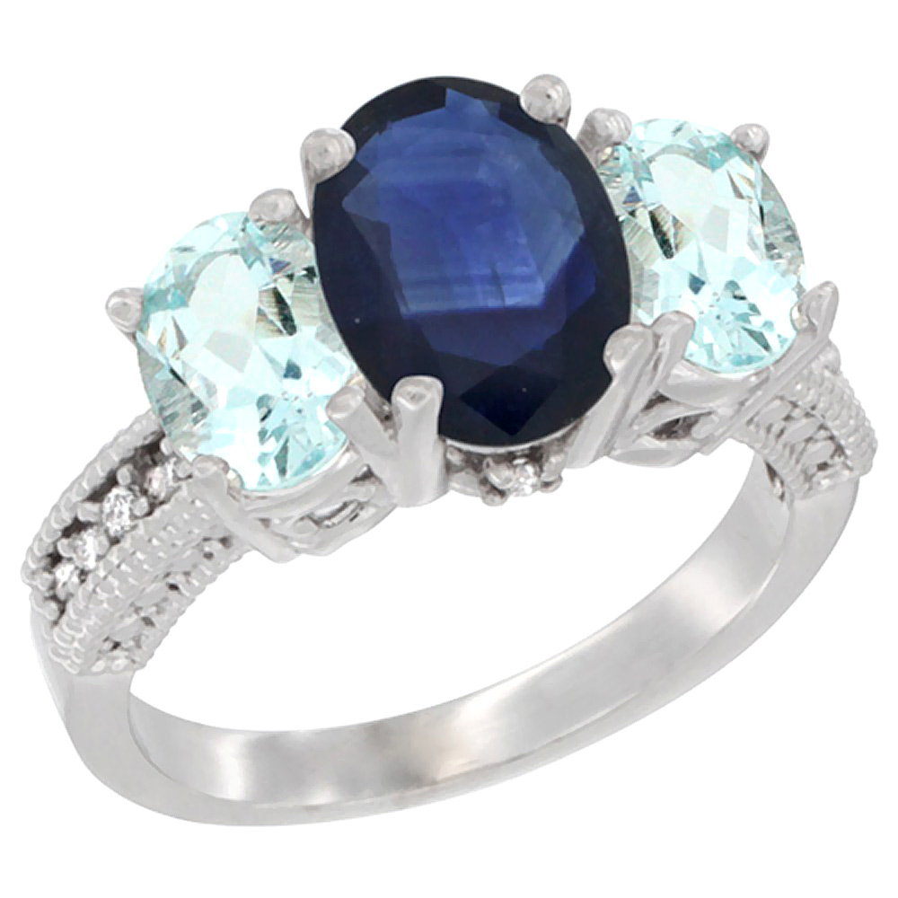 14K White Gold Diamond Natural Quality Blue Sapphire &amp; Aquamarine 3-stone Mothers Ring Oval 8x6mm, sz5-10